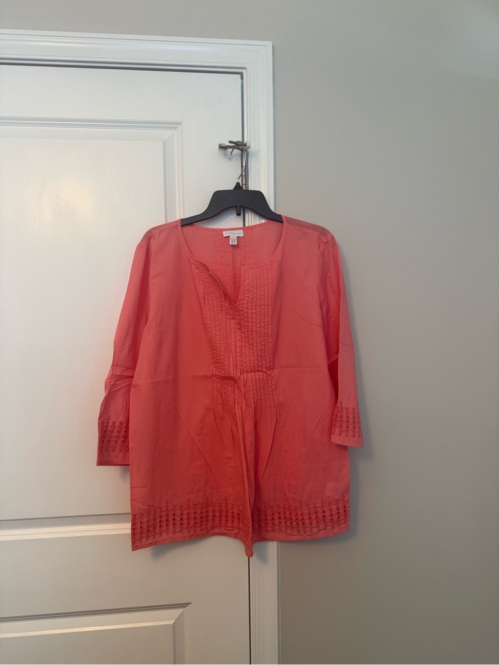 Charter Club Coral Pink Embroidered V-Neck Tunic